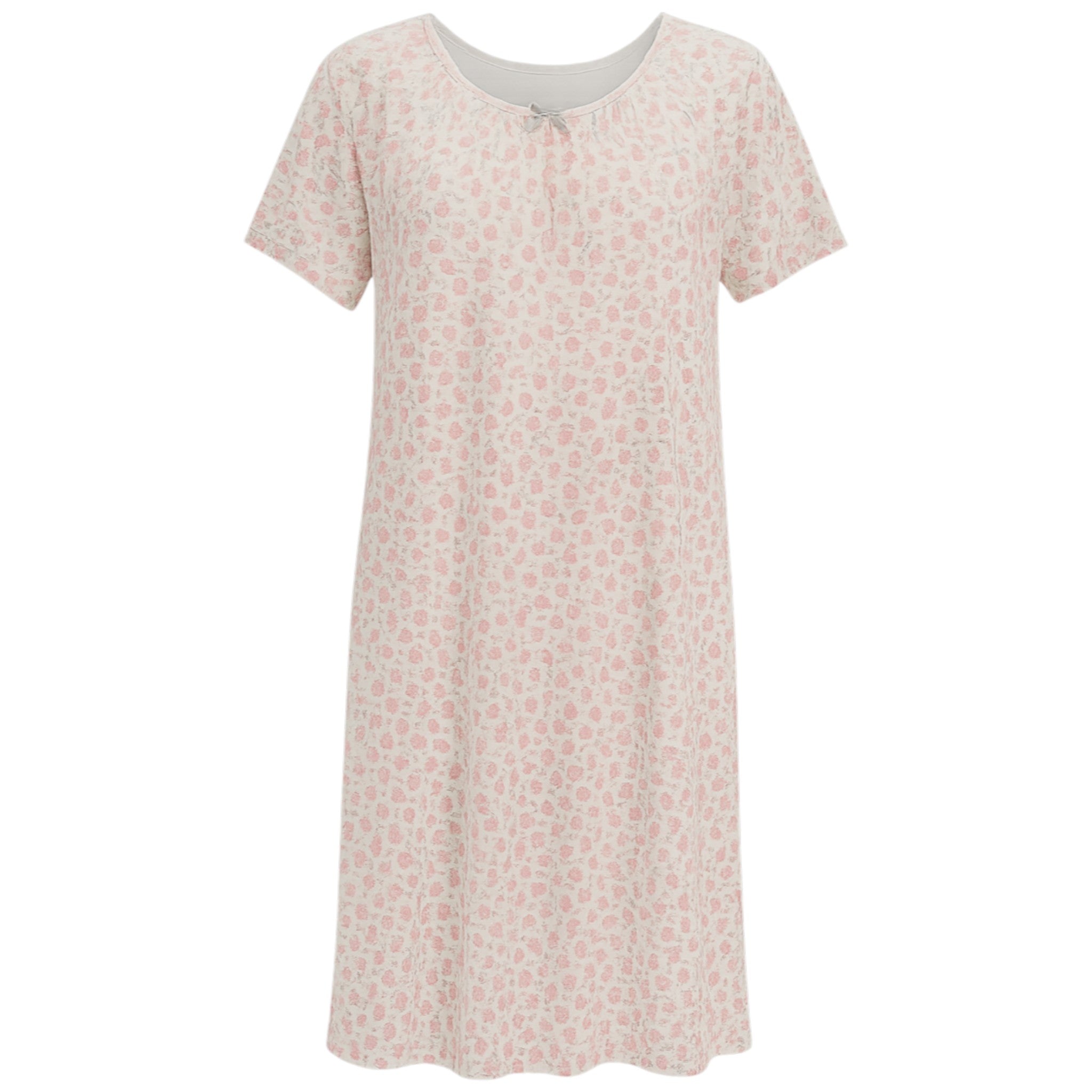 Ladies short sleeve floral print nightdress in light pink with bow detail, soft lightweight fabric sleepwear for women